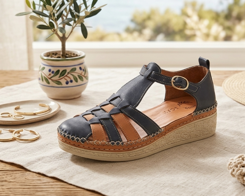 Sandalia cerrada piel azul/marron 36/41